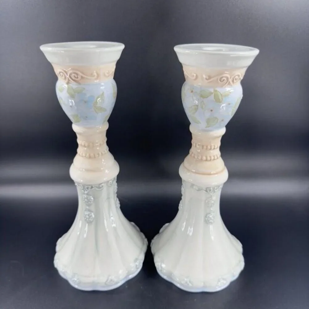 Tracy Porter Hand Painted Pillar Candle‎ Stick Holder Set Ceramic Caldecott
